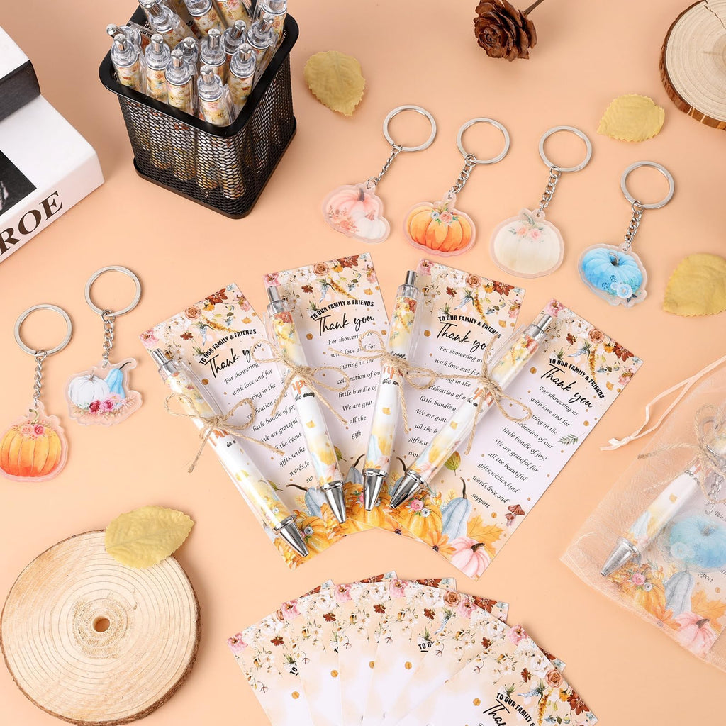 EYNDYN 145 Pieces Baby Shower Favors Ballpoint Pens and Keychains Gifts Bulk Retractable Pens Gender Reveal Cards Souvenirs - 36 / Pumpkin view 3