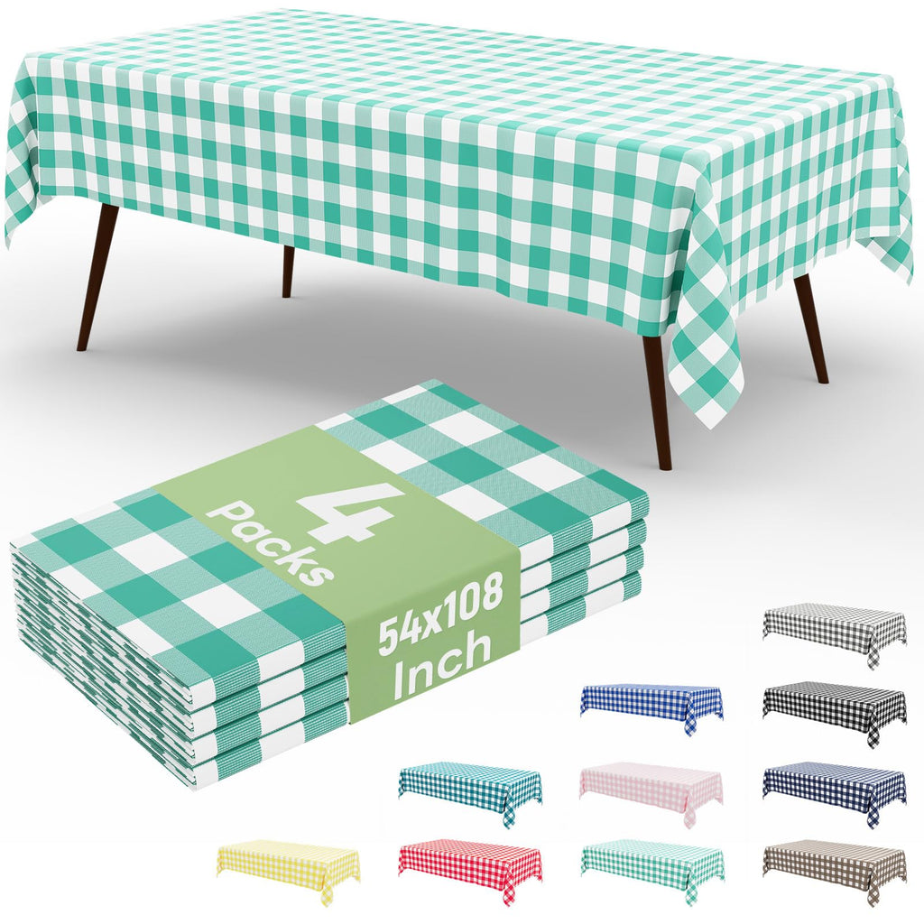 misaya 4 Packs Buffalo Disposable Table Cloth, 54 x 108 Inch Waterproof Plastic Tablecloth, Rectangle Teal and White