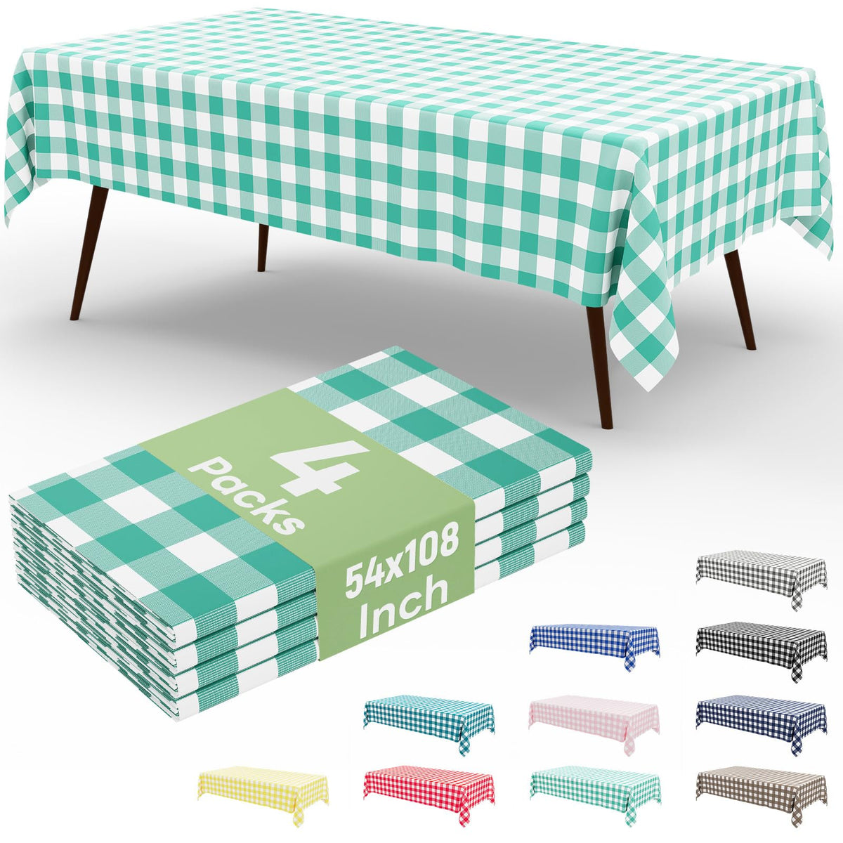 misaya 4 Packs Buffalo Disposable Table Cloth, 54 x 108 Inch Waterproof Plastic Tablecloth, Rectangle Teal and White