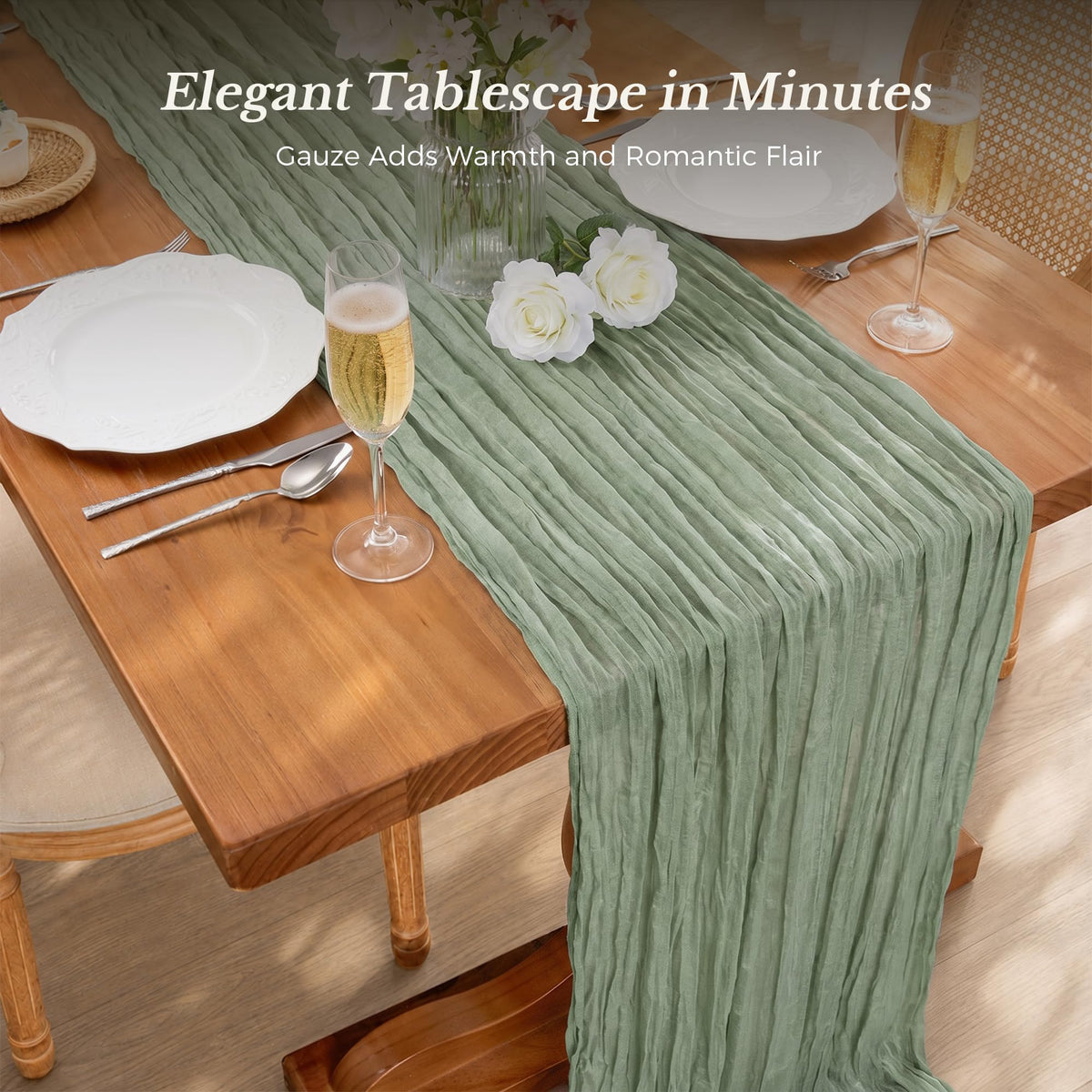 Goodluck Cheesecloth Table Runner 35x120 Inch Boho Gauze Table Runner - Sage Green view 1