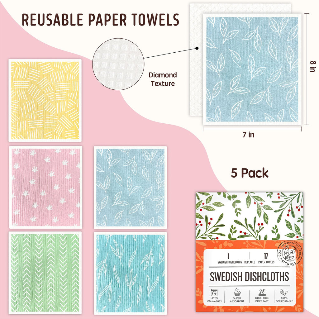 Augine Swedish Dishcloths for Kitchen, Reusable Paper Towel - 5 Count- Light Color view 1
