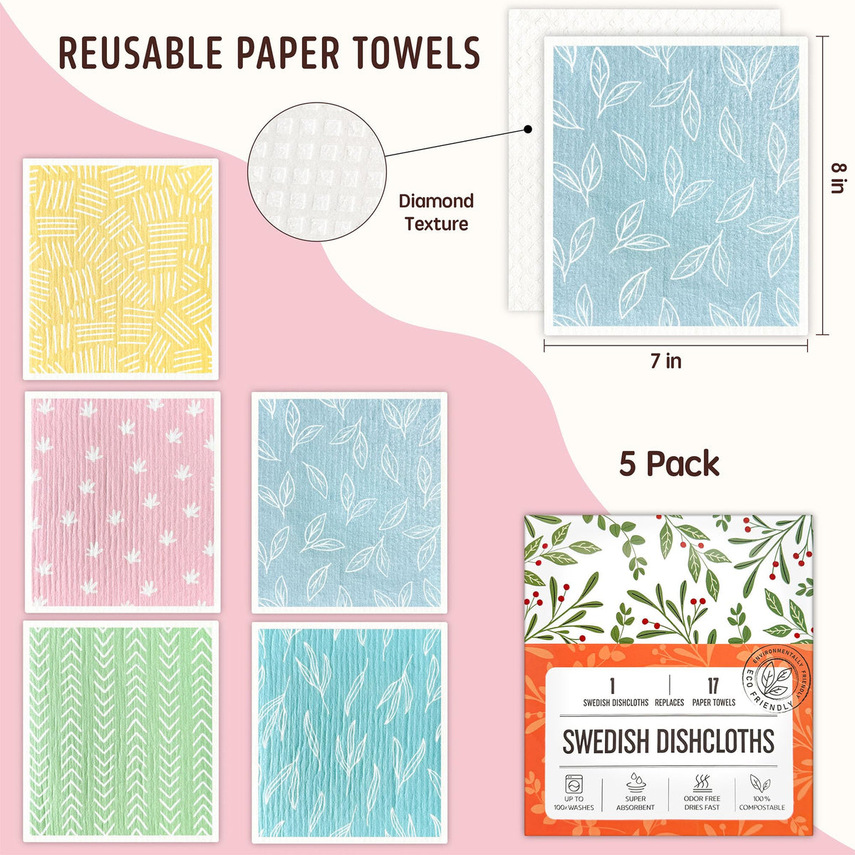 Augine Swedish Dishcloths for Kitchen, Reusable Paper Towel - 5 Count- Light Color view 1