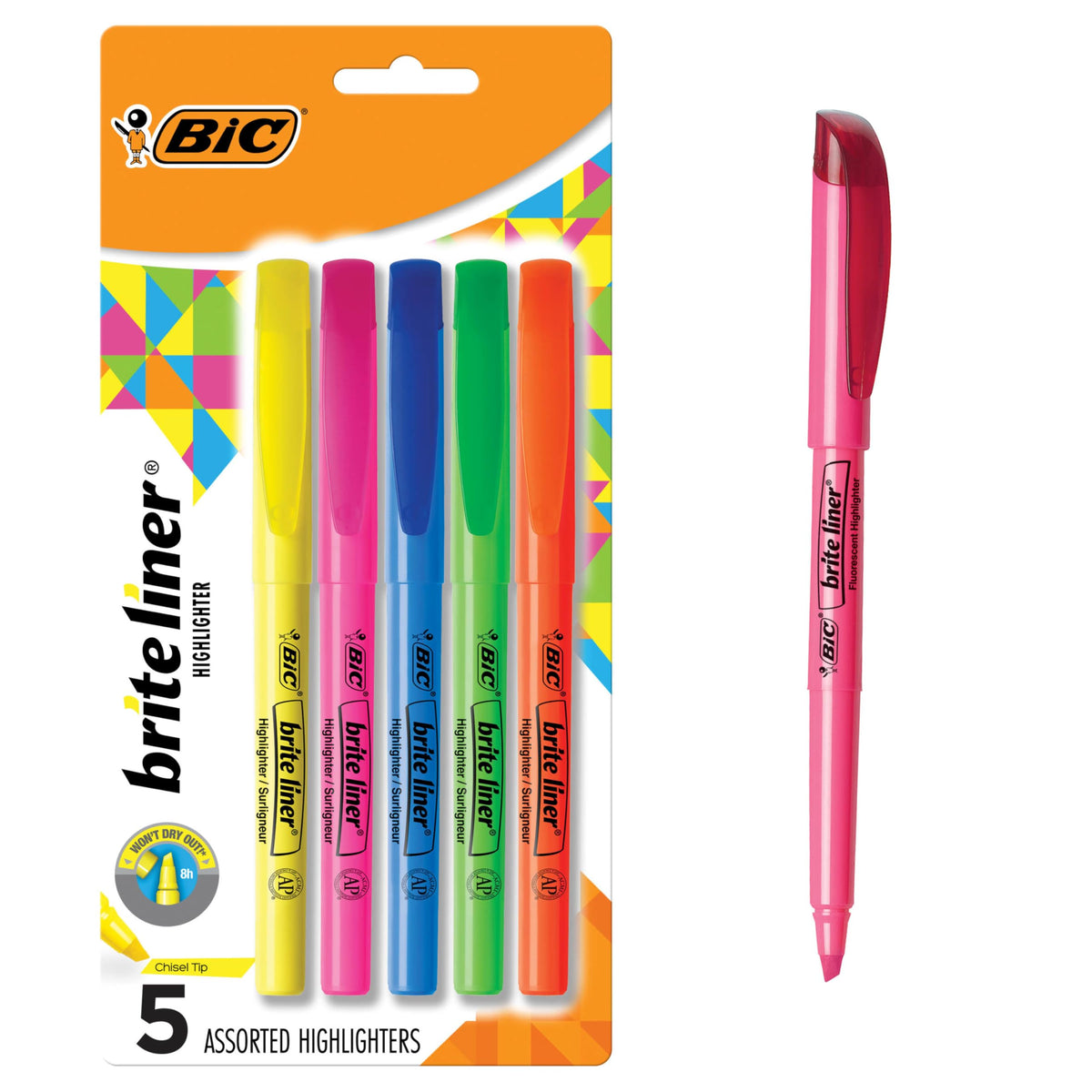BIC Brite Liner Highlighters, Chisel Tip, 5-Count