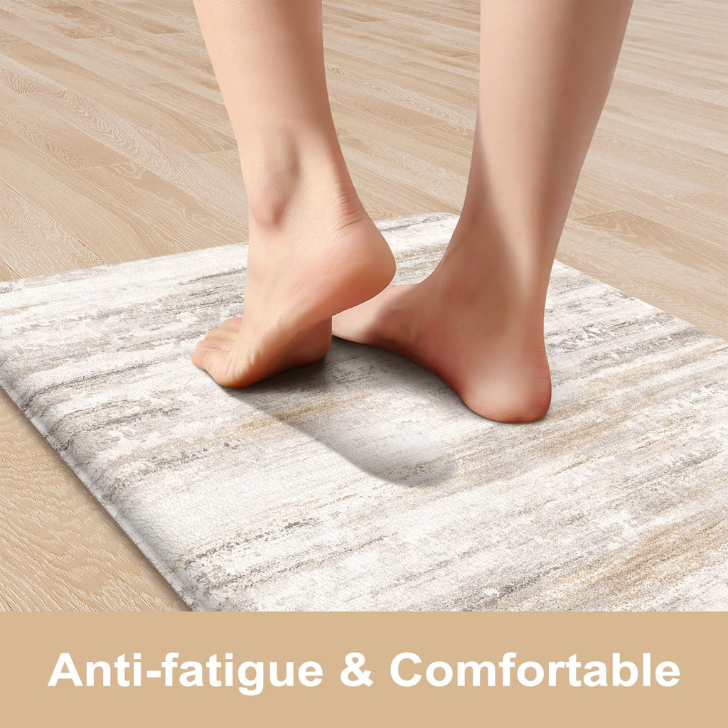 KIMODE Anti Fatigue Kitchen Mat, Abstract Farmhouse Kitchen Rugs Sets of 2 - Light Brown/Multi / 17.3" x 47"+17.3" x 29"--0.47 inches view 1
