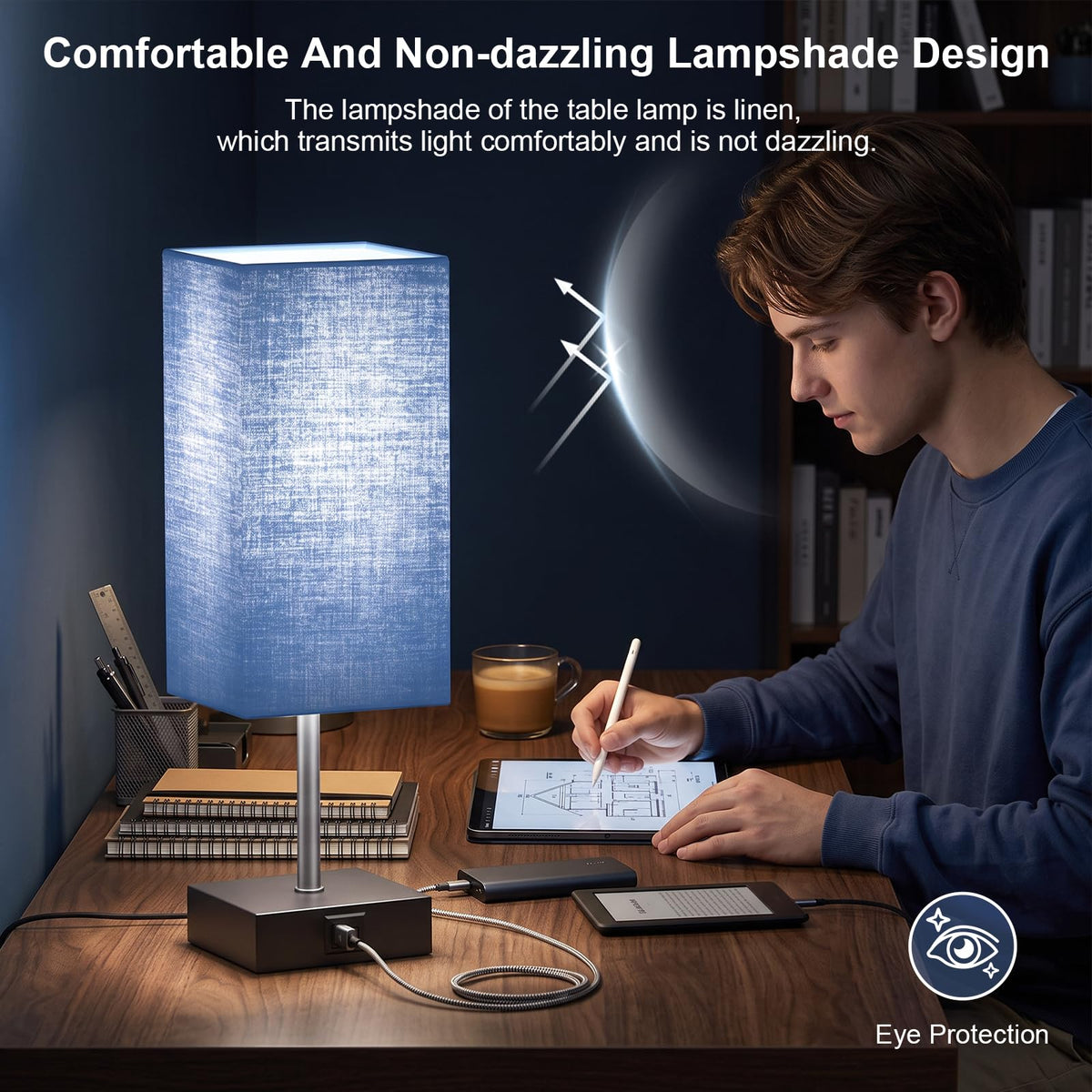 hansang Bedside Table Lamp with Touch Control, USB-C + USB-A - view 12