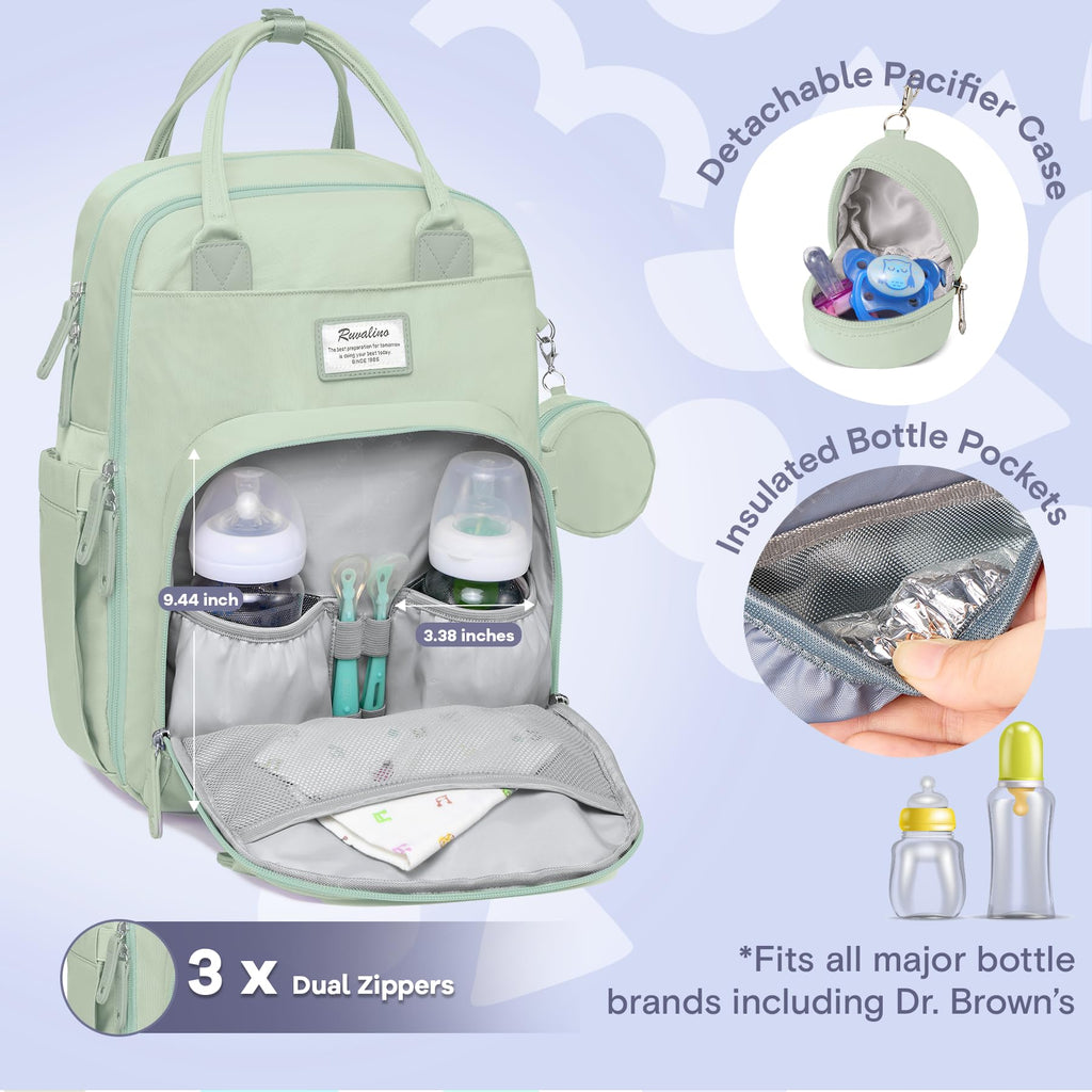 RUVALINO Diaper Bag Backpack-Multifunction Baby Travel Bag with Changing pad, Insulated Bottle Holders & Pacifier Case