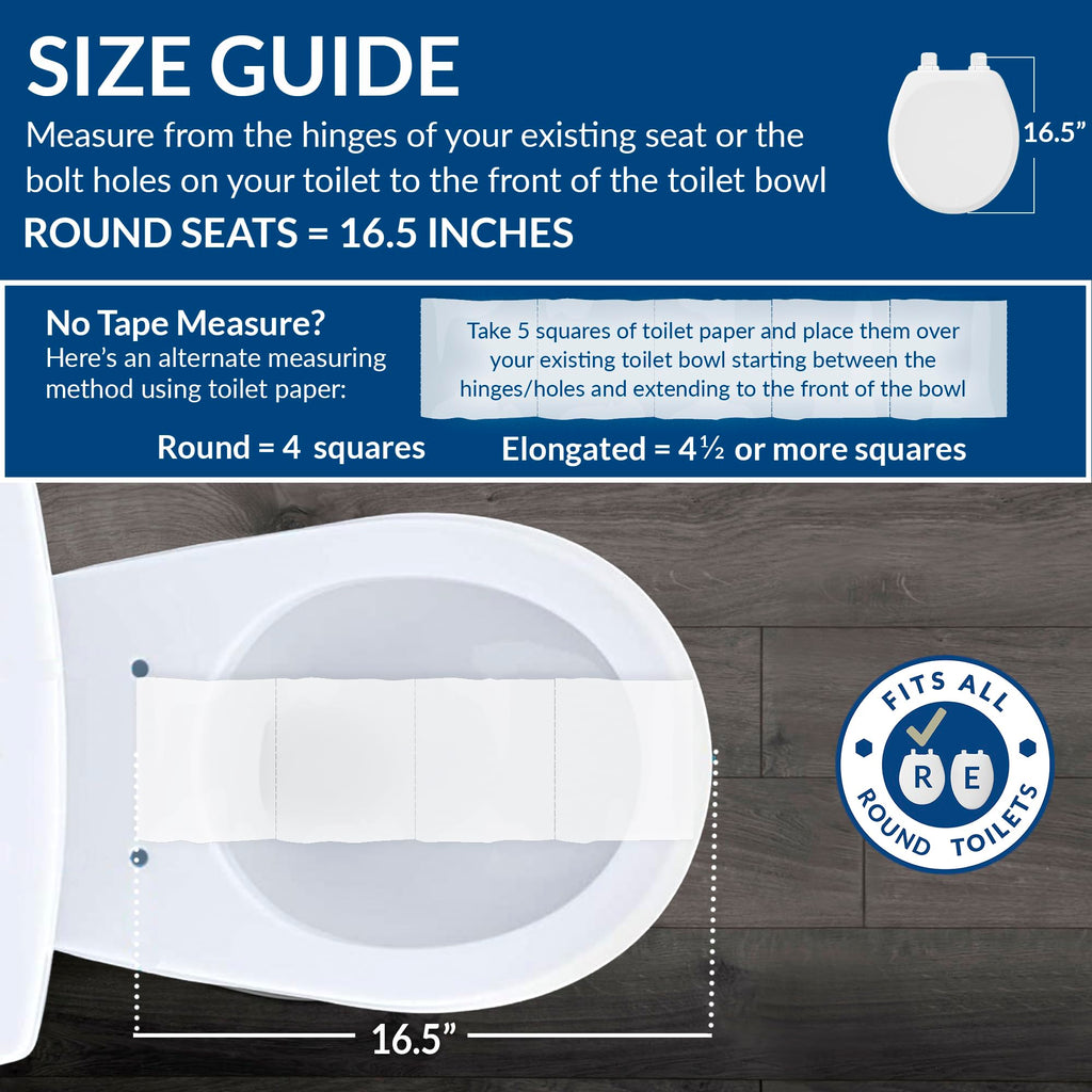 Mayfair Ashton Easy to Clean Single Hinge Toilet Seat, Modern Slow Close Wood Toilet Seat, Made in USA, Round, – White
