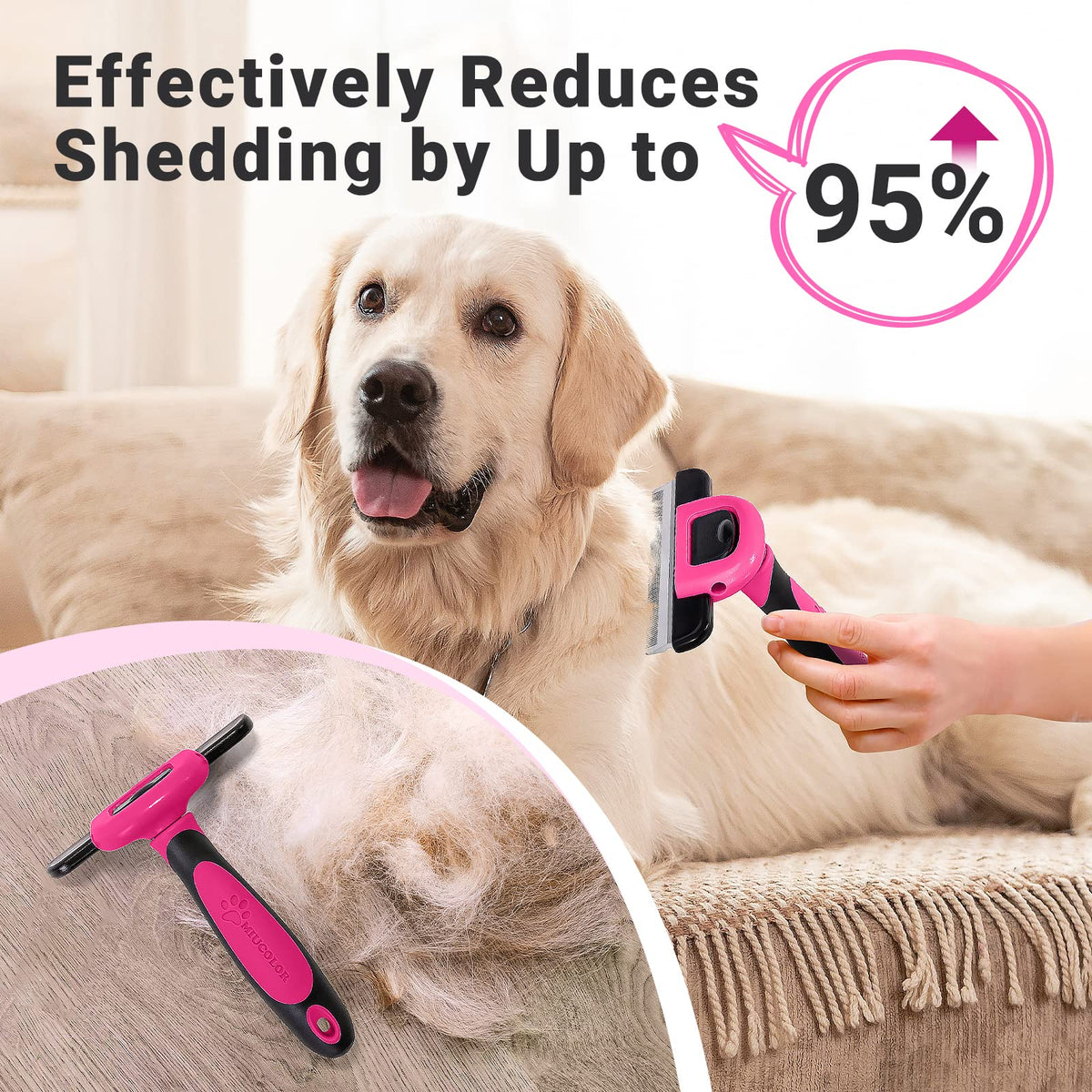 MIU COLOR Pet Grooming Brush Deshedding Tool for Dogs & Cats - Hot Pink / Short and Medium Hair view 2