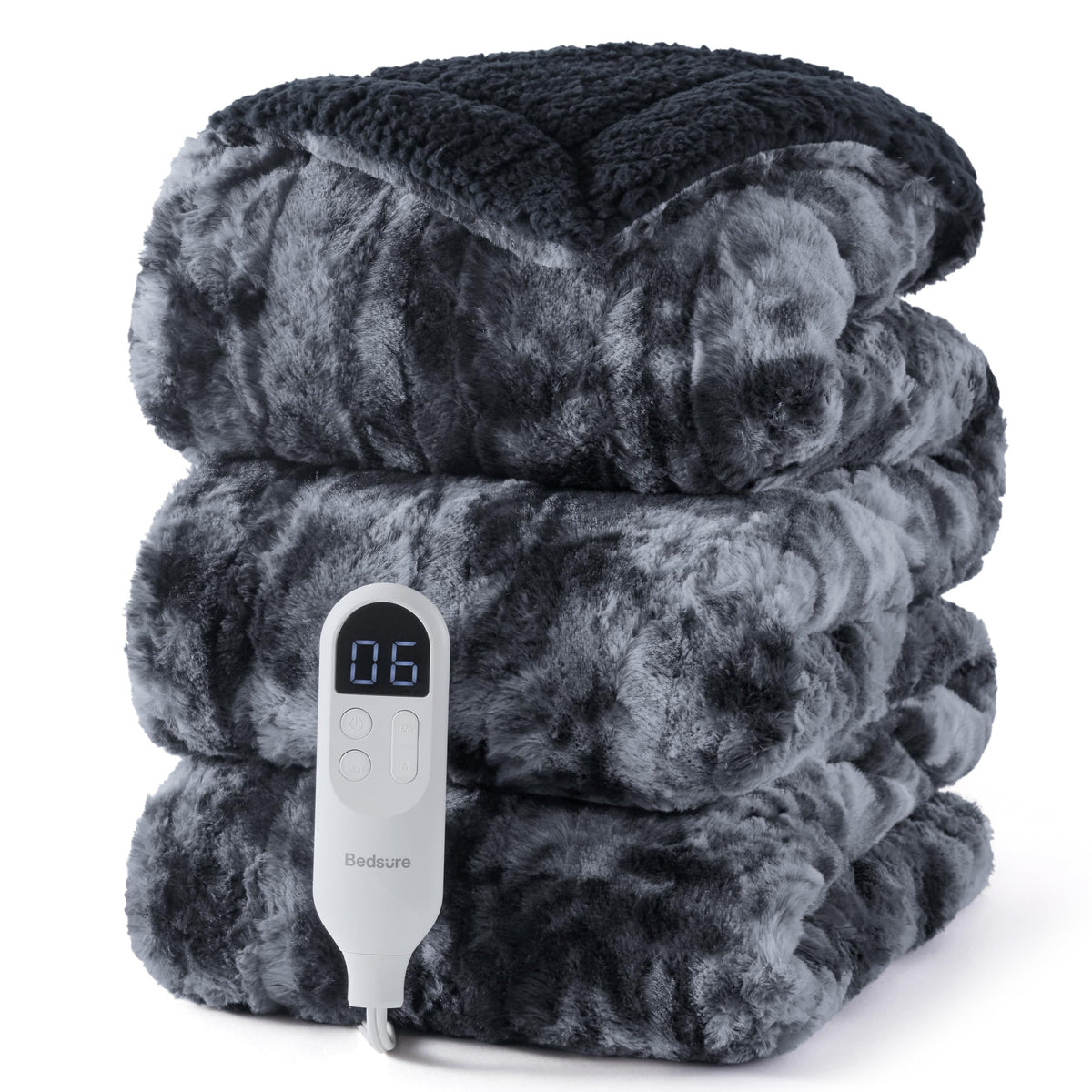 Bedsure Faux Fur Heated Blanket Full Size, Tie-Dye Electric Blanket, – Black (BS-300B)