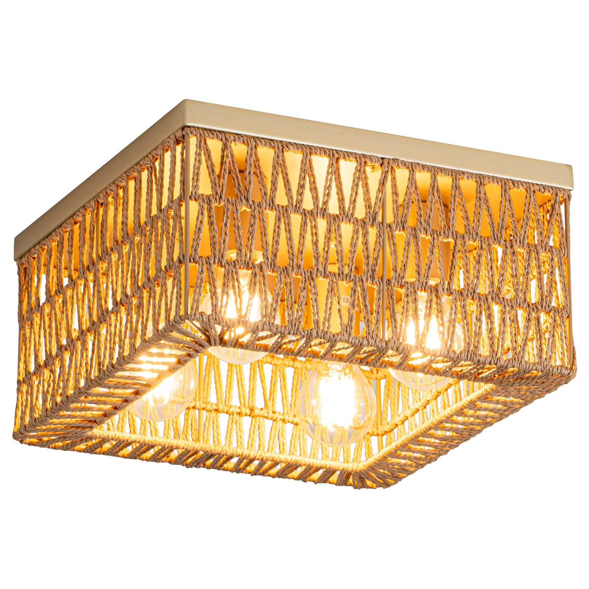 Rpzloila Rattan Ceiling Light, 4-Light Boho Light Fixture, Square Flush Mount Ceiling
