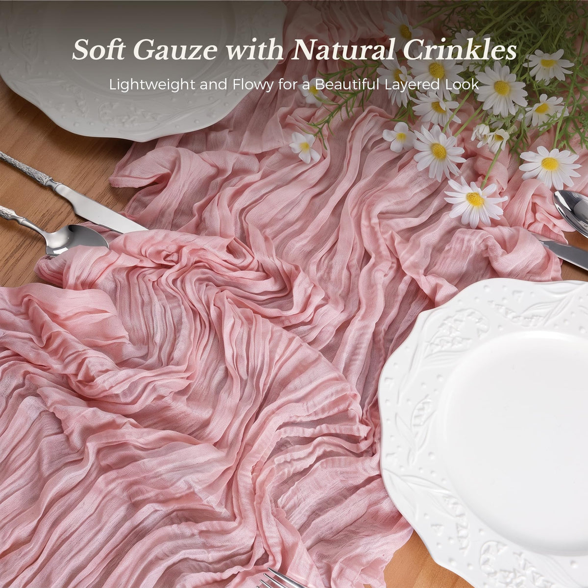 Goodluck Cheesecloth Table Runner 35x120 Inch Boho Gauze Table Runner - Dusty Pink view 2