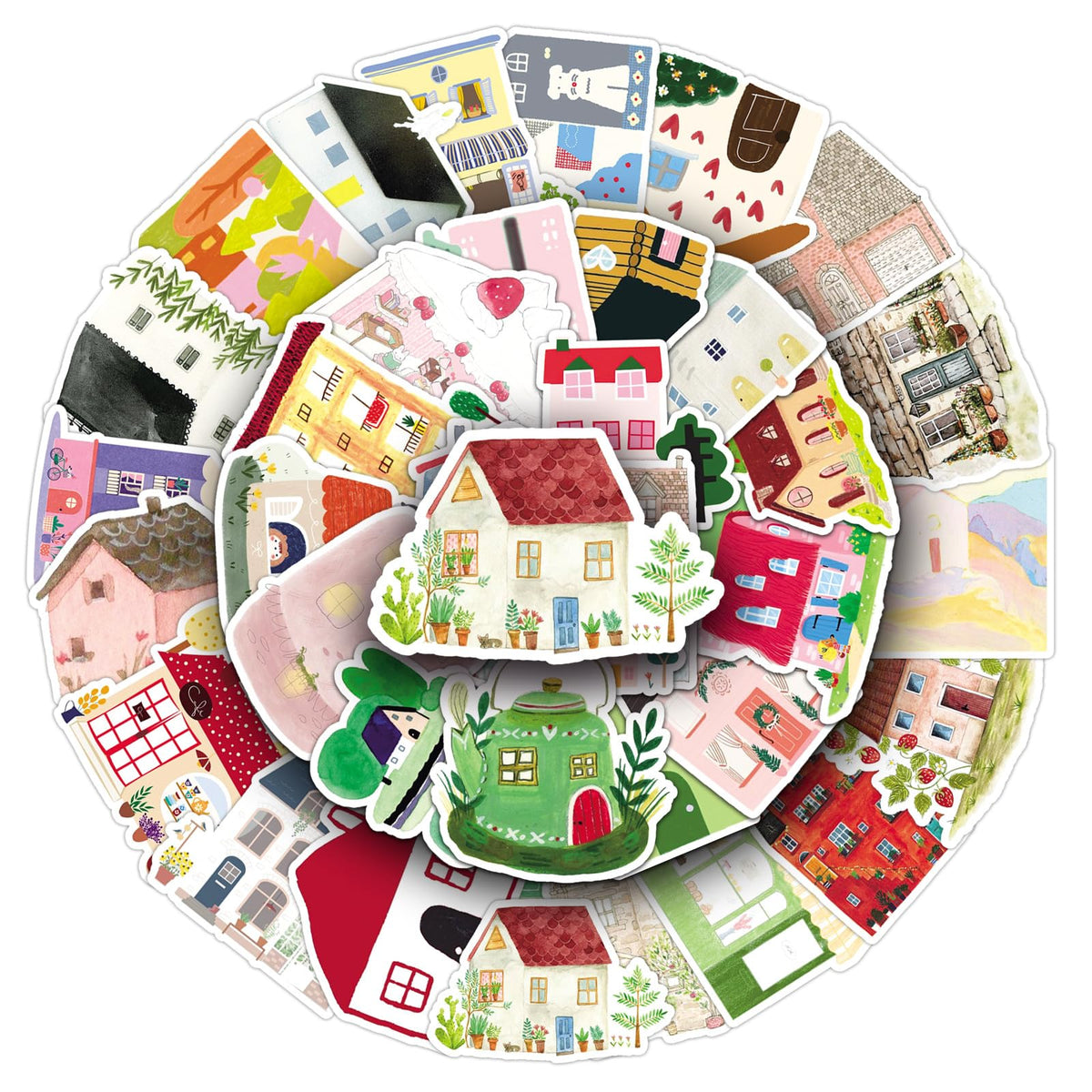 Cute Cartoon House Stickers for Journaling - 50PCS Aesthetic Watercolor House Stickers