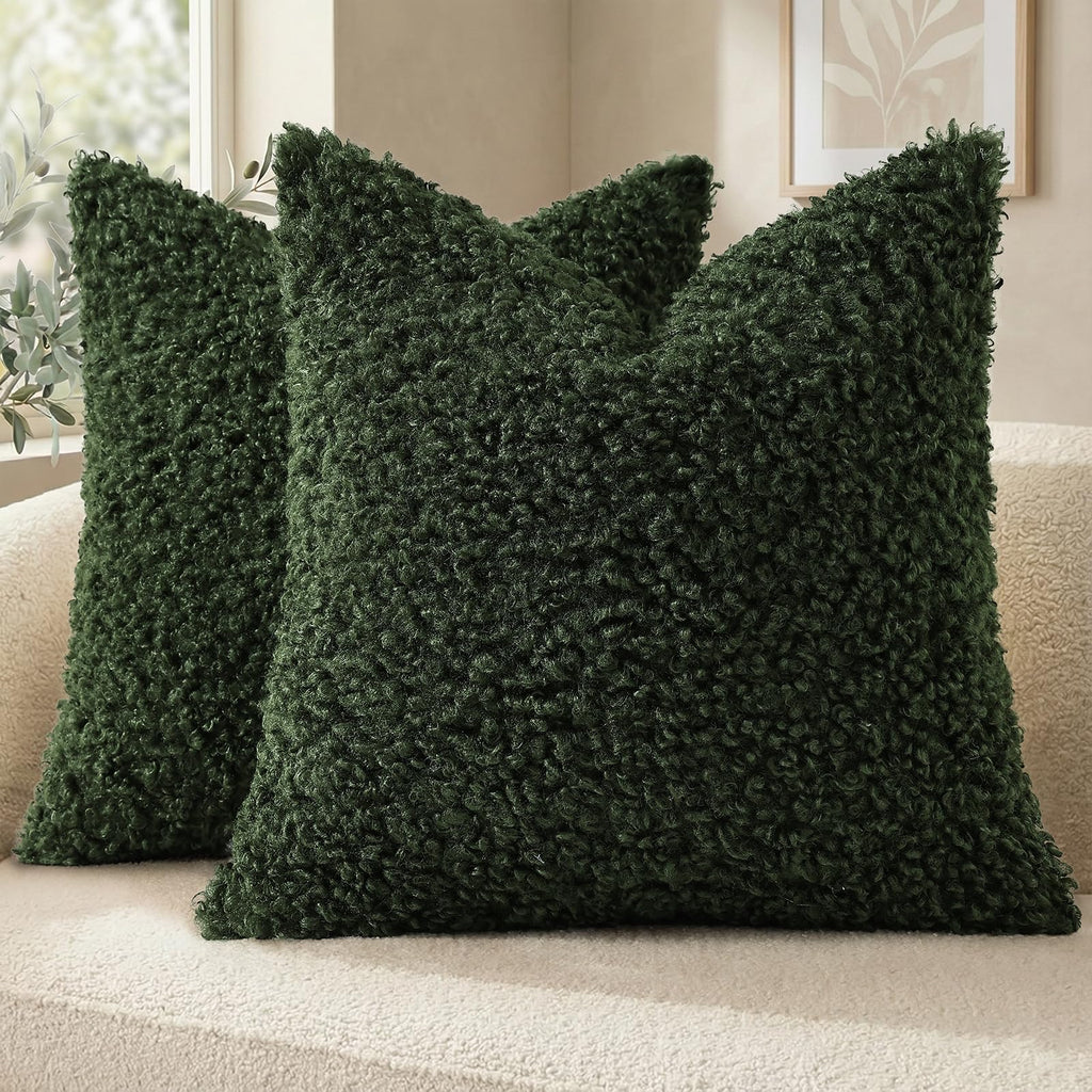 decorUhome Sherpa Decorative Throw Pillow Covers - Olive Green / 20" x 20" (Pack of 2)