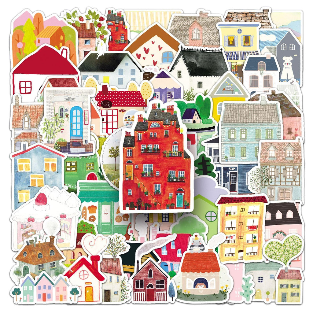 Cute Cartoon House Stickers for Journaling - 50PCS Aesthetic Watercolor House Stickers (additional view 5)