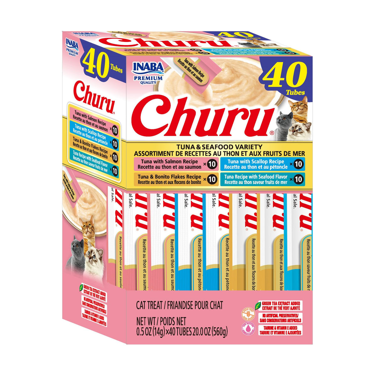 INABA Churu Cat Treats, Lickable, Squeezable Creamy Purée Cat Treat with Green Tea Extract & Taurine, 0.5oz. Each Tube (Pack of 40)