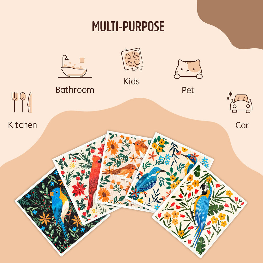 Augine Swedish Dishcloths for Kitchen, Reusable Paper Towel - 5 Count- Flowers and Birds view 5