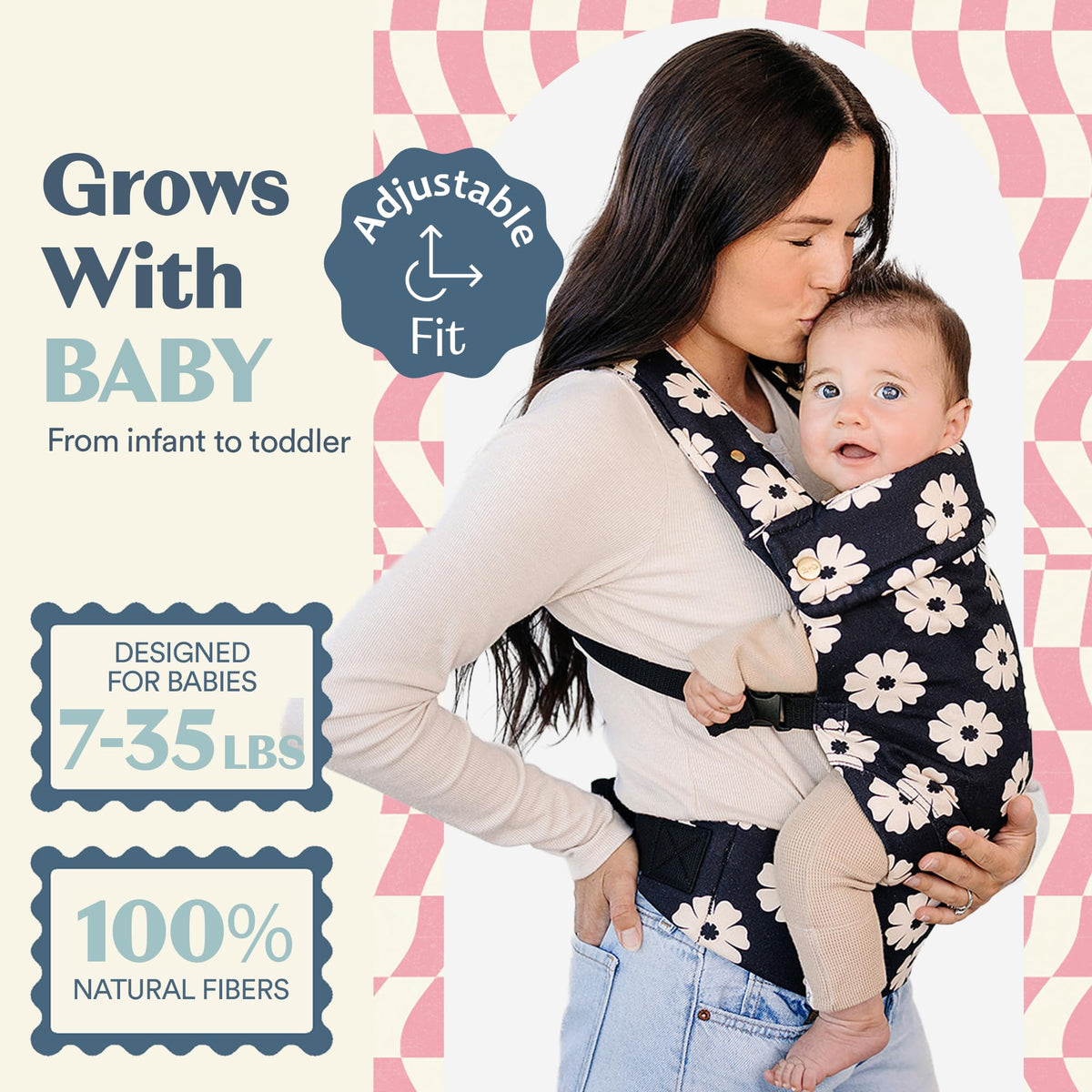 Ergonomic Hip-Healthy Baby Carrier, Front and Back Carry, 7-35 lbs - Black Floral view 2