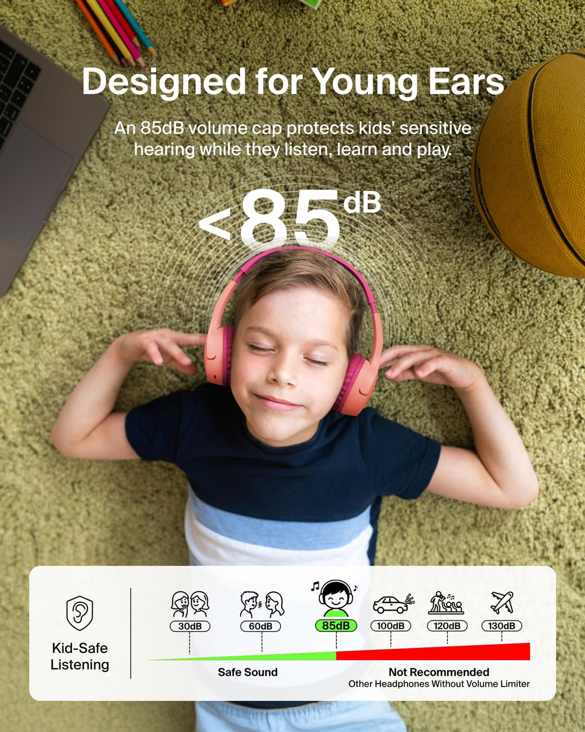Belkin SoundForm Mini Kids Headphones, Wireless & Wired, 30H Playtime, Case - Pink view 1
