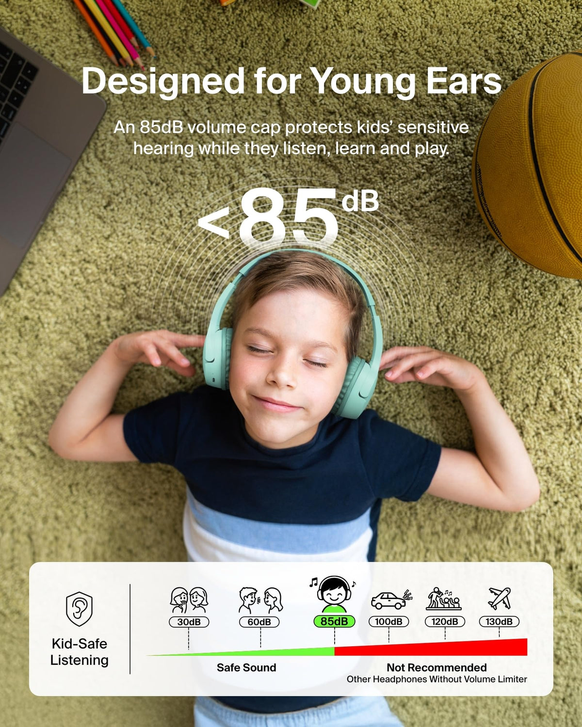 Belkin SoundForm Mini Kids Headphones, Wireless & Wired, 30H Playtime, Case - Mint view 1