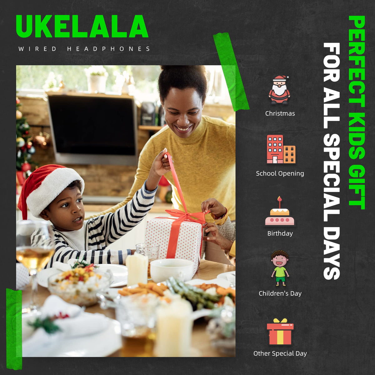 UKELALA U2C Type C Headphones - Black/Green view 6