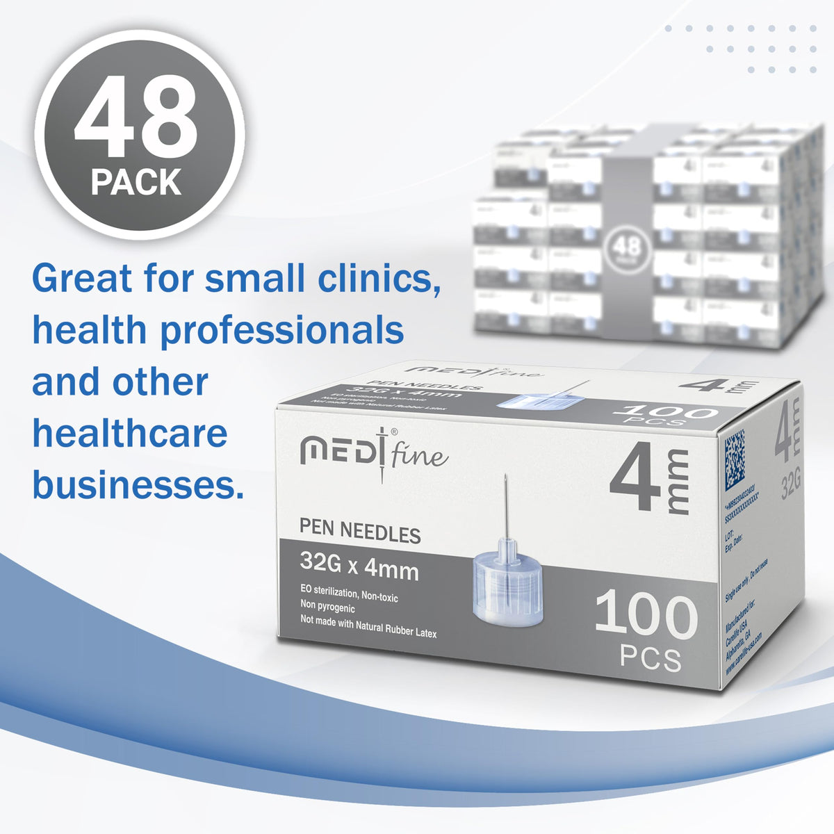 Medt Fine Insulin Pen Needles 32G 4mm - 48 Boxes of 100 Ct Bulk (Pack of 48)