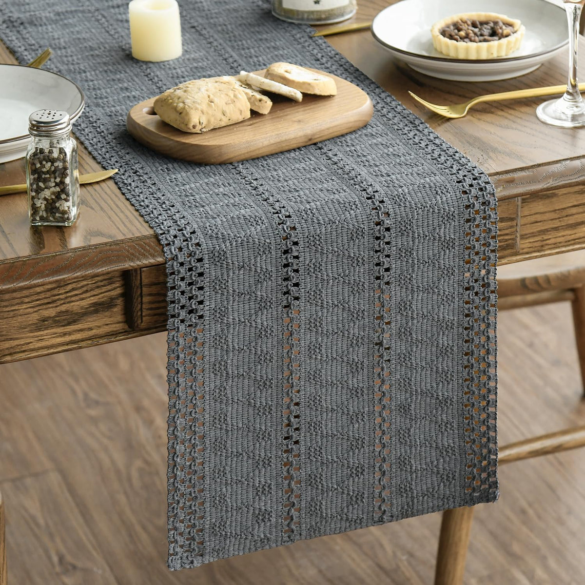Artoid Woven Farmhouse Hollow Table Runner - Dark Grey / 12" x 72", Table Runner view 1