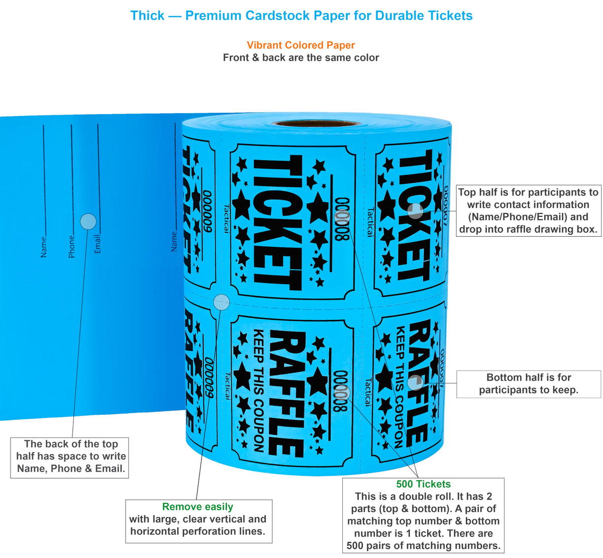 Tacticai 500 Raffle Tickets, Large 50/50 Double Roll - Blue view 1