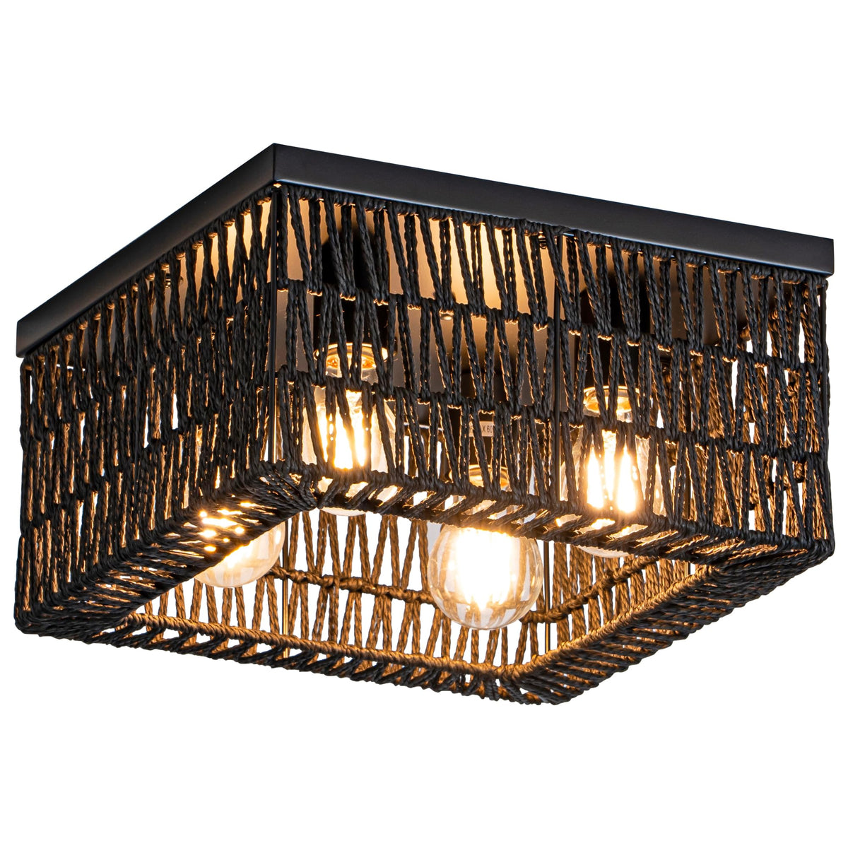 Rpzloila Black Rattan Ceiling Light, 4-Light Boho Light Fixture, Square Flush Mount