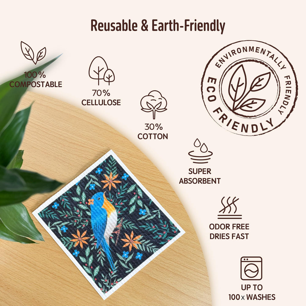 Augine Swedish Dishcloths for Kitchen, Reusable Paper Towel - 5 Count- Flowers and Birds view 2