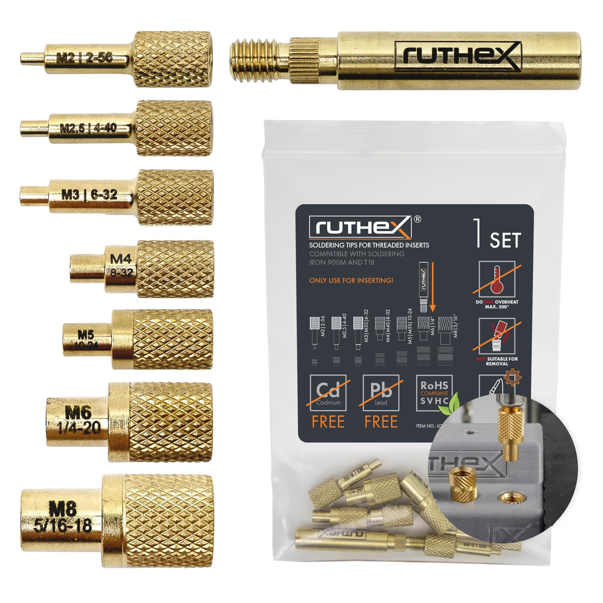 ruthex 7X Soldering Tips/Heat Set Insert Tips - for Thread Inserts M2 / M2.5 / M3 / M4 /