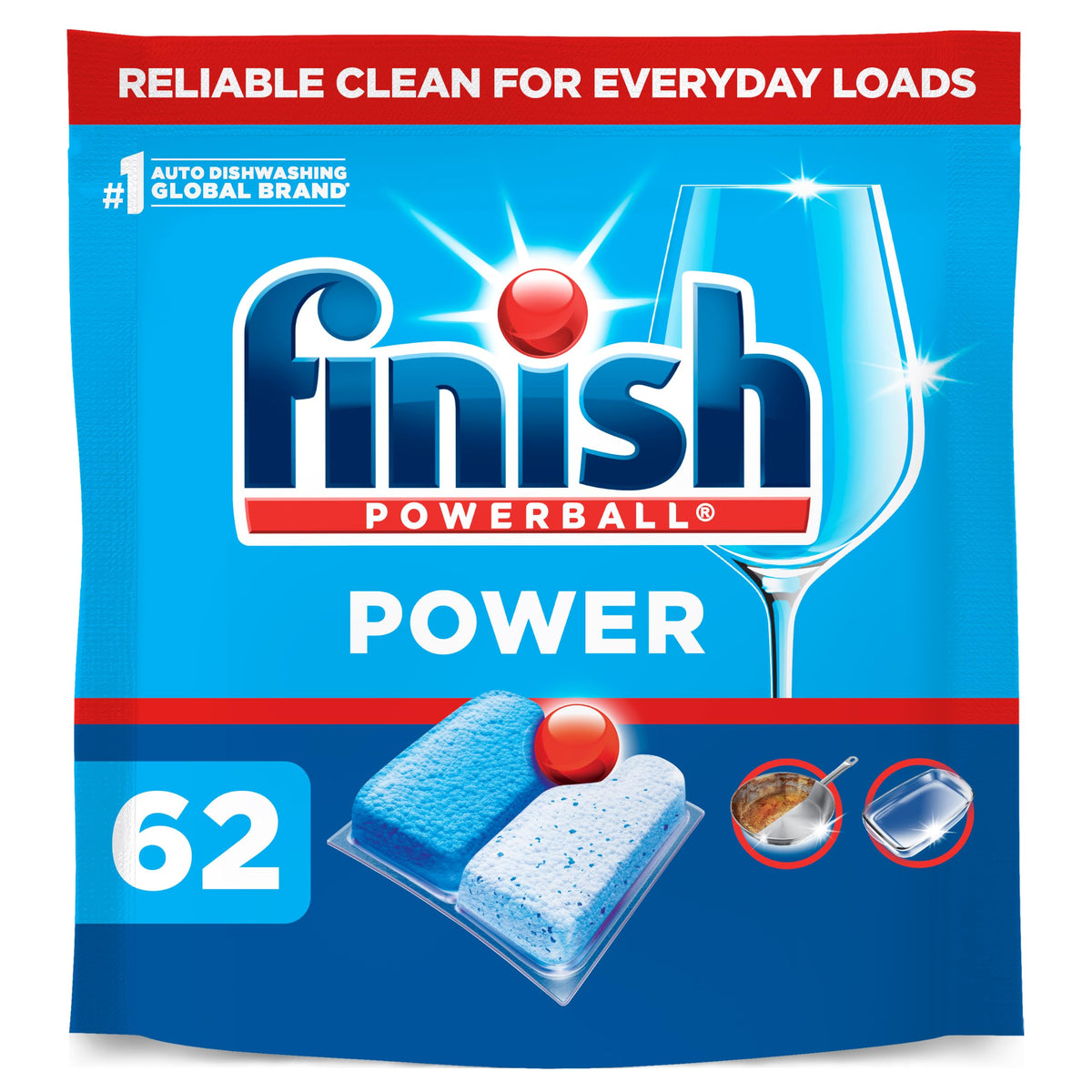 Finish Power Dishwasher Pod, No Pre-Rinse Dishwasher Detergents - 62 Count (Pack of 1)