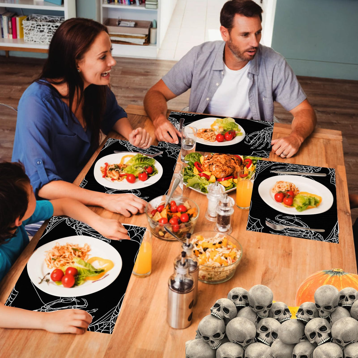 HINGTAI 4Pcs Halloween Skeleton Spooky Spider Black Placemats Set of 4, Suitable for (additional view 5)