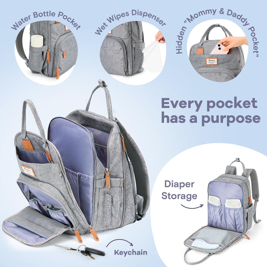 RUVALINO Baby Diaper Bag Backpack with Changing Pad, Waterproof, – XL Gray (YW168)