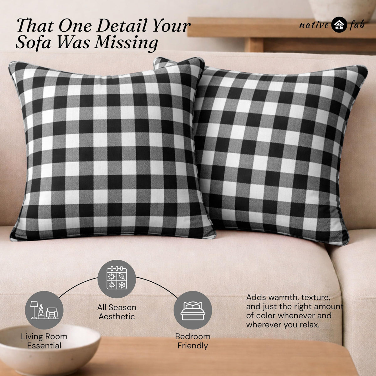 Native Fab Throw Pillow Cushion Cover for Sofa Couch Bed Comfort - Gingham Black / 20" x 20" (Pack of 2) view 2