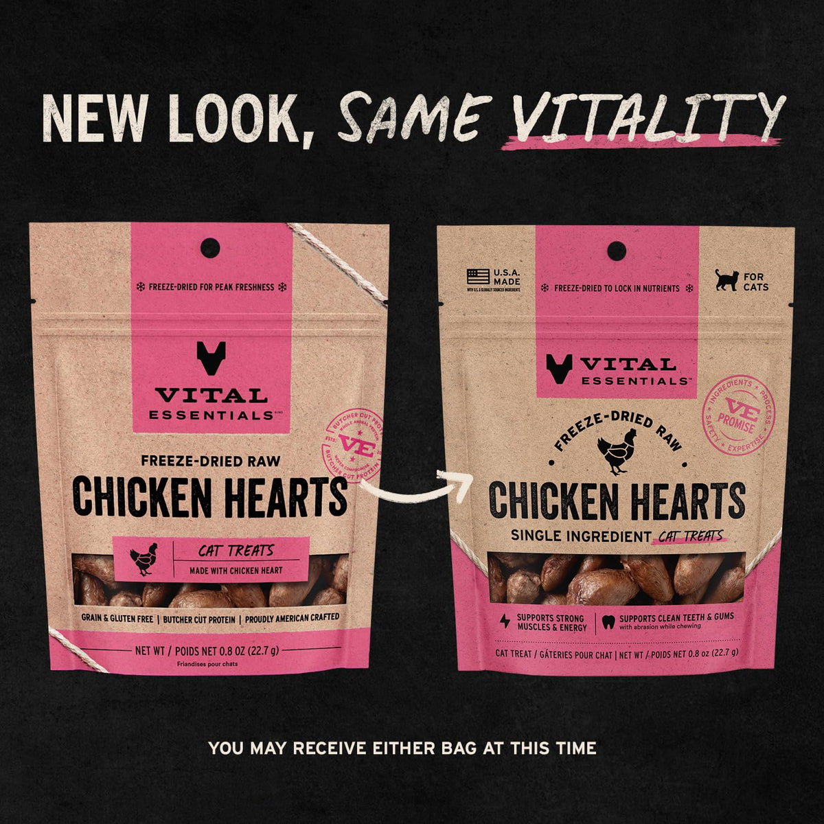 Vital Essentials Freeze Dried Raw Chicken Hearts Cat Treats, 0.8 oz Bag (9403)