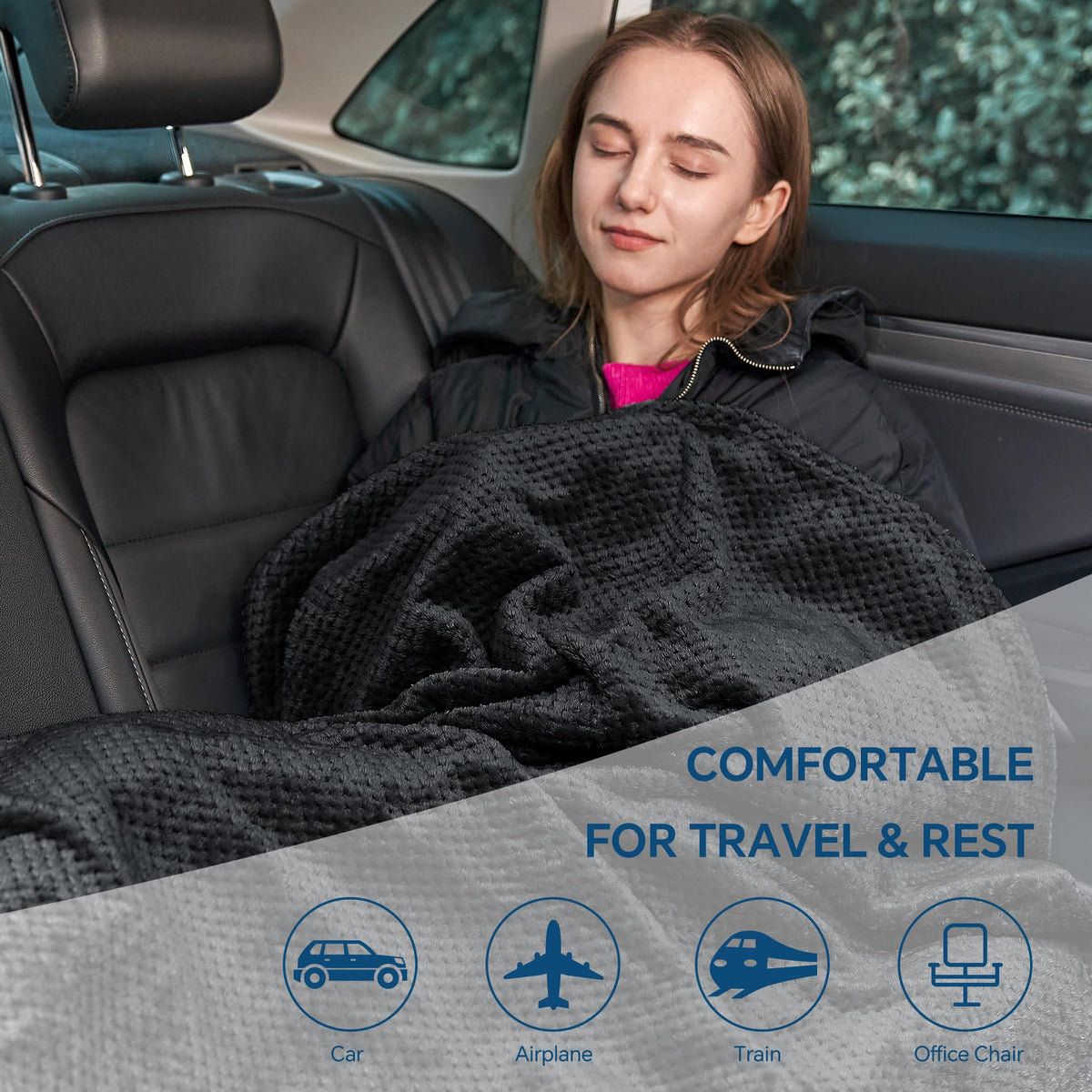BEDELITE Travel Blanket with Bag, Jacquard Fleece Blanket 65"x40" - Black view 6