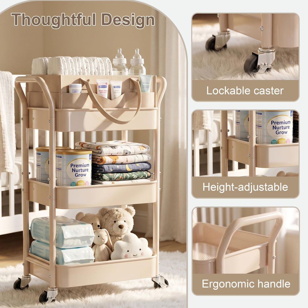 3 Tier Rolling Diaper Caddy Cart - Beige view 7