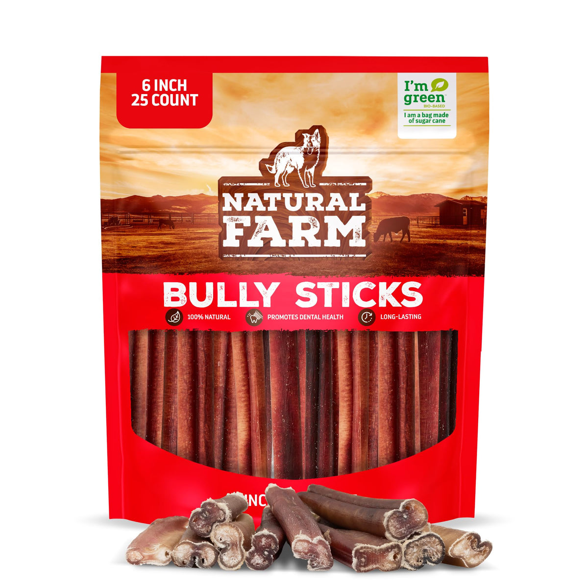 Natural Farm Odor-Free Bully Sticks for All Breeds, 6 Inch, 25 Count