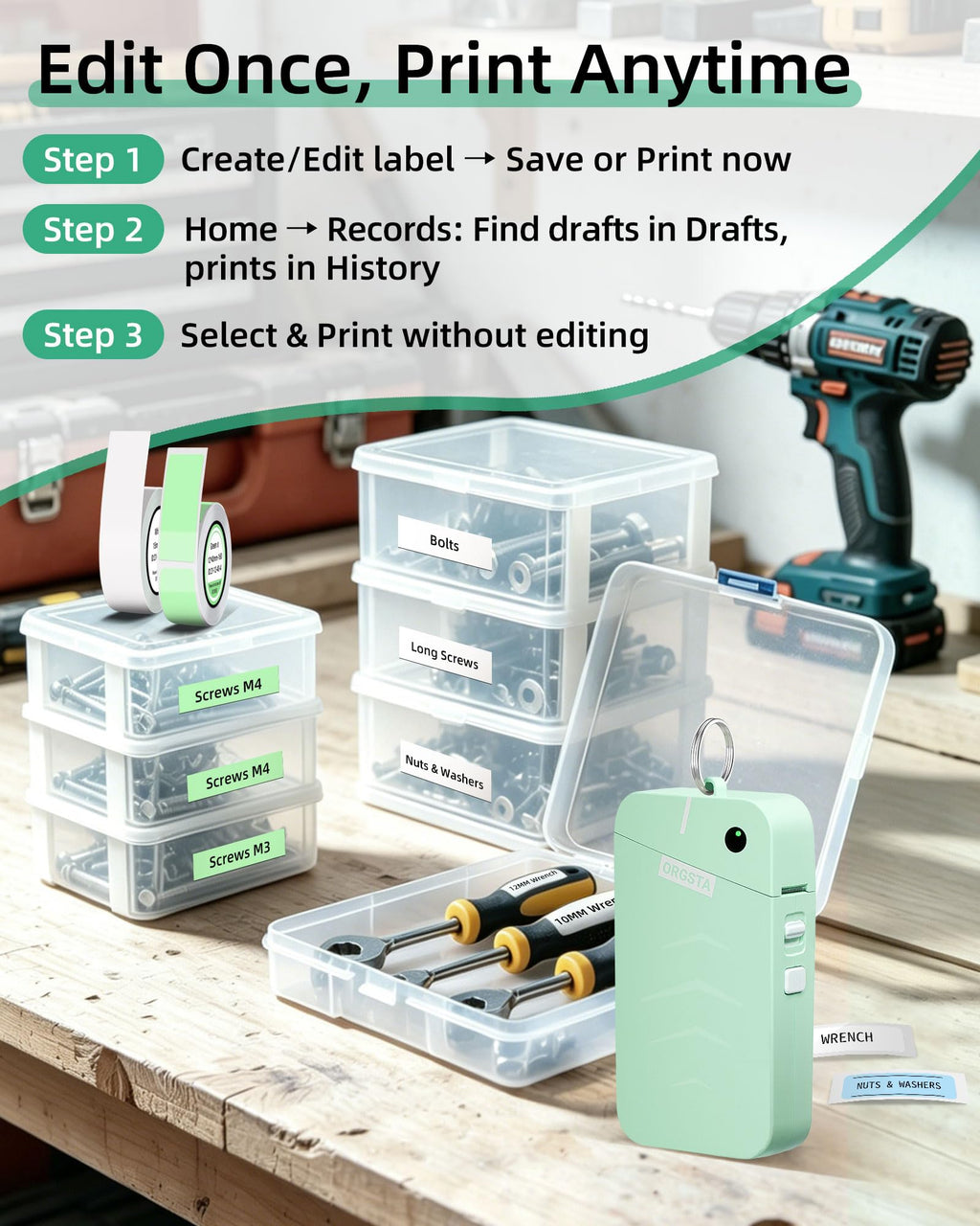 ORGSTA Label Maker, Portable Bluetooth Label Maker Machine with Tape - Green view 6