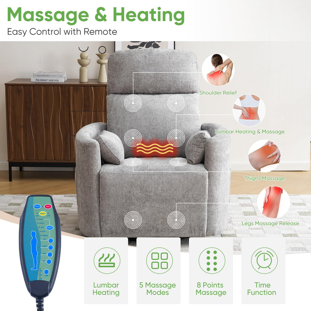 Rhevoy Oversized Power Recliner with Massage and Heat, Swivel Rocker Recliner with Adjustable Headrest, Glider Recliner