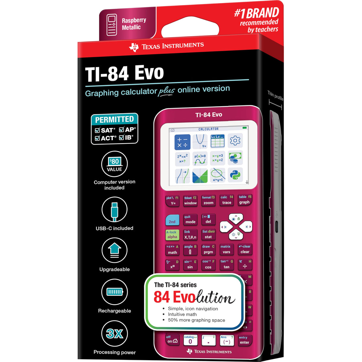 TI-84 Evo Graphing Calculator Texas Instruments, Raspberry (84EVO/FC/1L1/A8)
