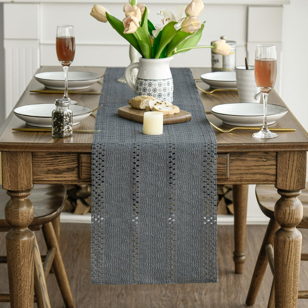 Artoid Woven Farmhouse Hollow Table Runner - Dark Grey / 12" x 72", Table Runner view 2