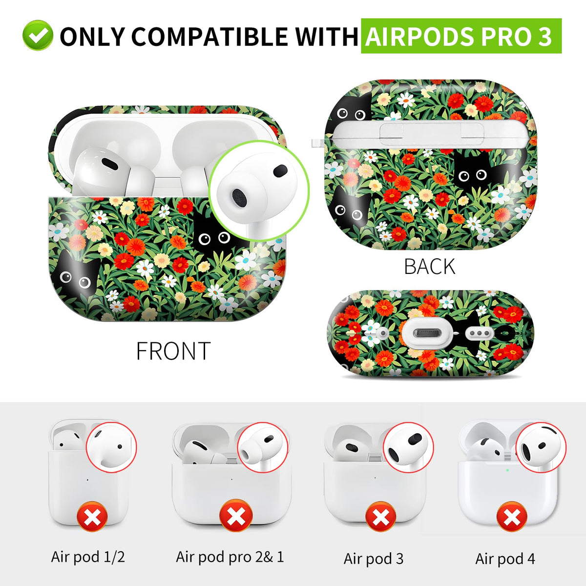 Compatible with AirPod PRO 3 2025 Shockproof Drop-Proof Wireless Earbuds Case with Keychain - Flower bed Black Cat view 2