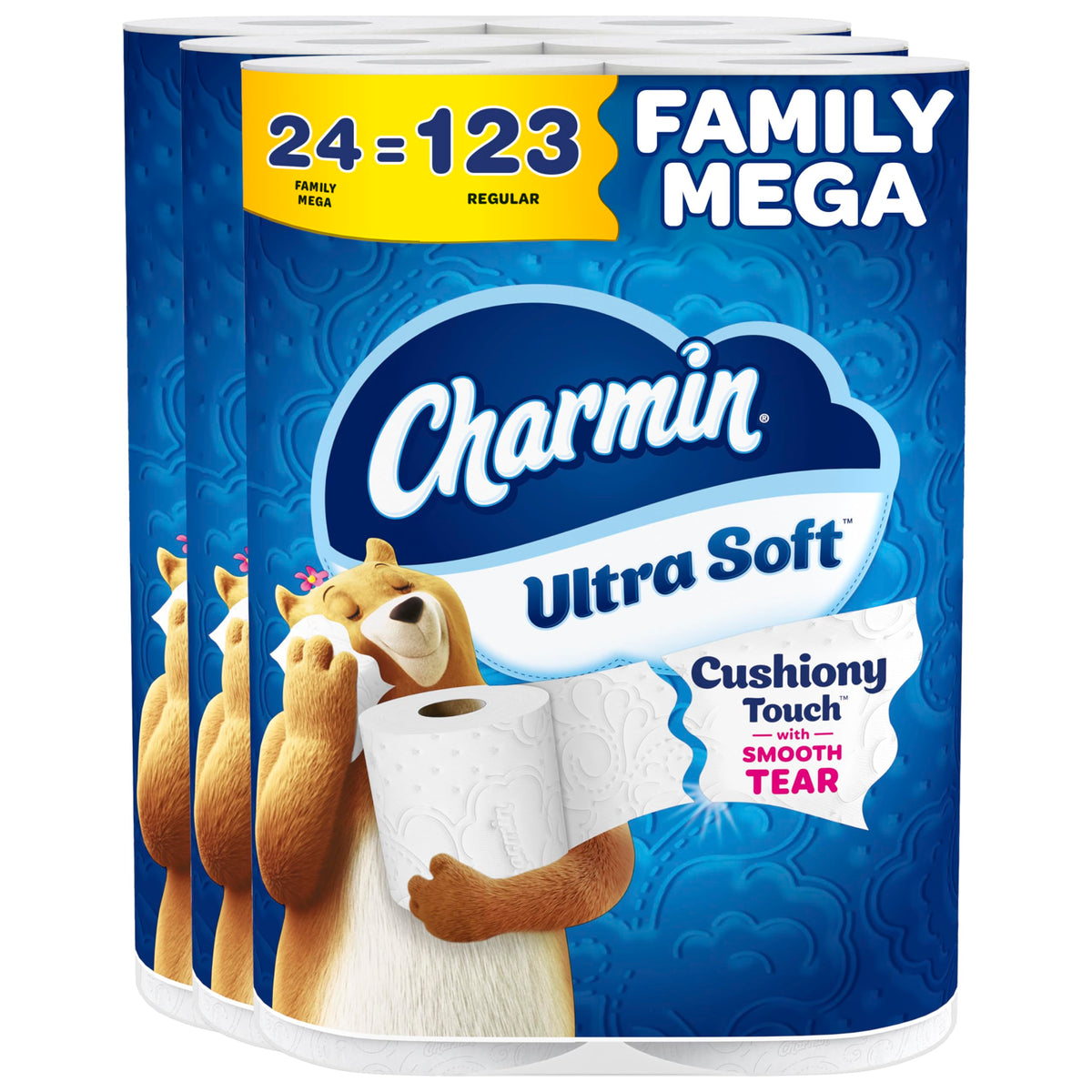 Charmin Ultra Soft Cushiony Touch Toilet Paper, 24 Family Mega = 123 Regular Rolls, – White (Pack of 24)