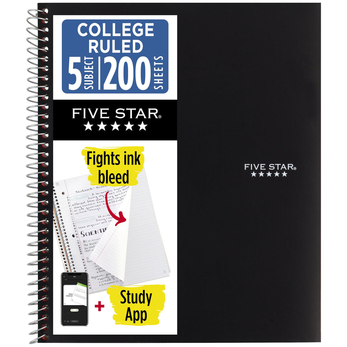 Five Star Spiral Notebook + Study App, 5 Subject, College Ruled Paper, 8-1/2" x 11", 200 Sheets, Fights Ink Bleed, Water Resistant Cover