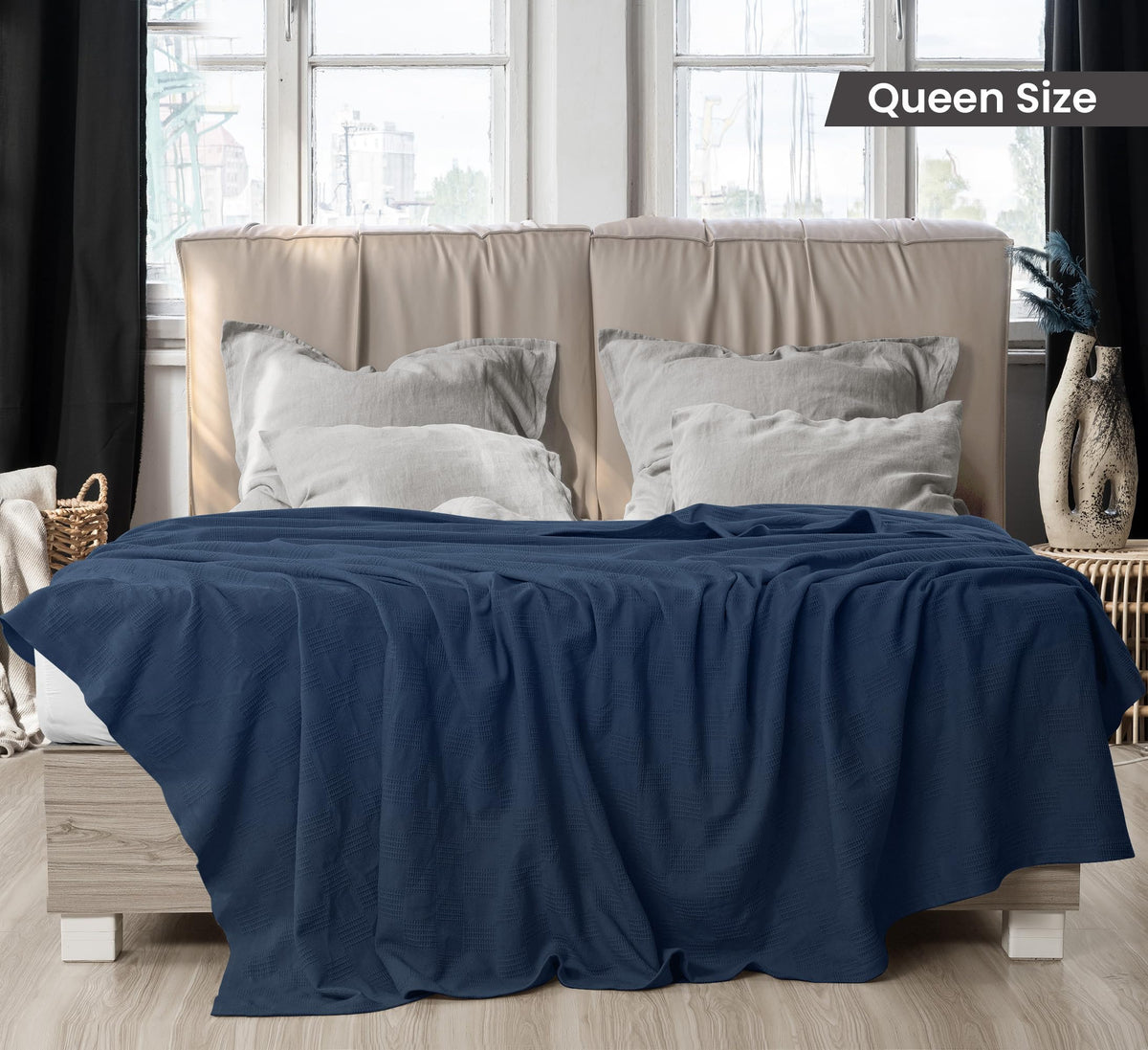 Utopia Bedding 100% Cotton Thermal Blanket Soft - Navy / Queen view 1