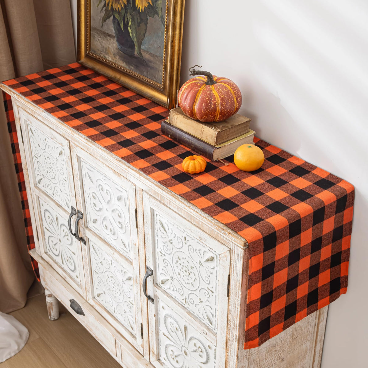 AQOTHES Plaid Fall Thanksgiving Table Runner - Orange Black / 13" x 72" view 5