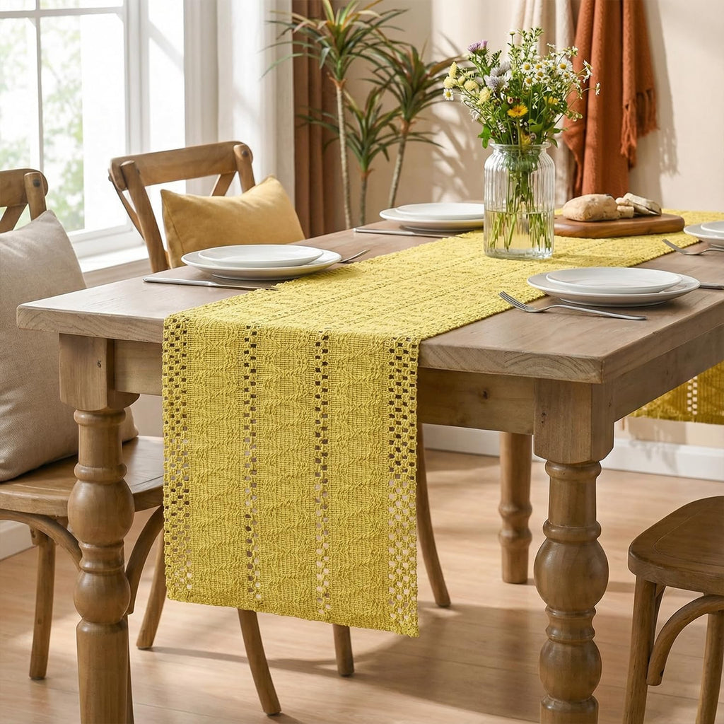 Artoid Woven Farmhouse Hollow Table Runner - Yellow / 12" x 48", Table Runner view 7