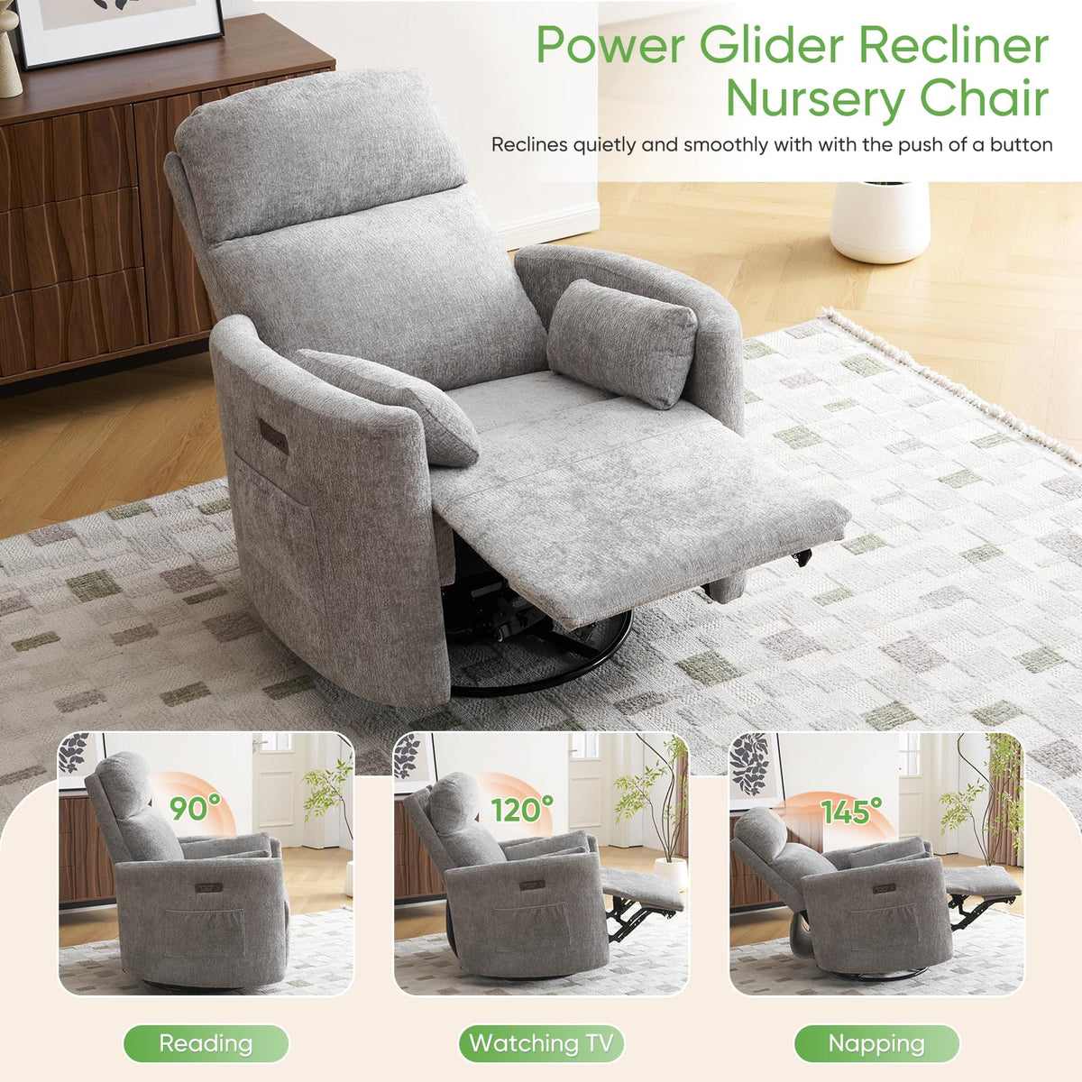 Rhevoy Oversized Power Recliner with Massage and Heat, Swivel Rocker Recliner with Adjustable Headrest, Glider Recliner