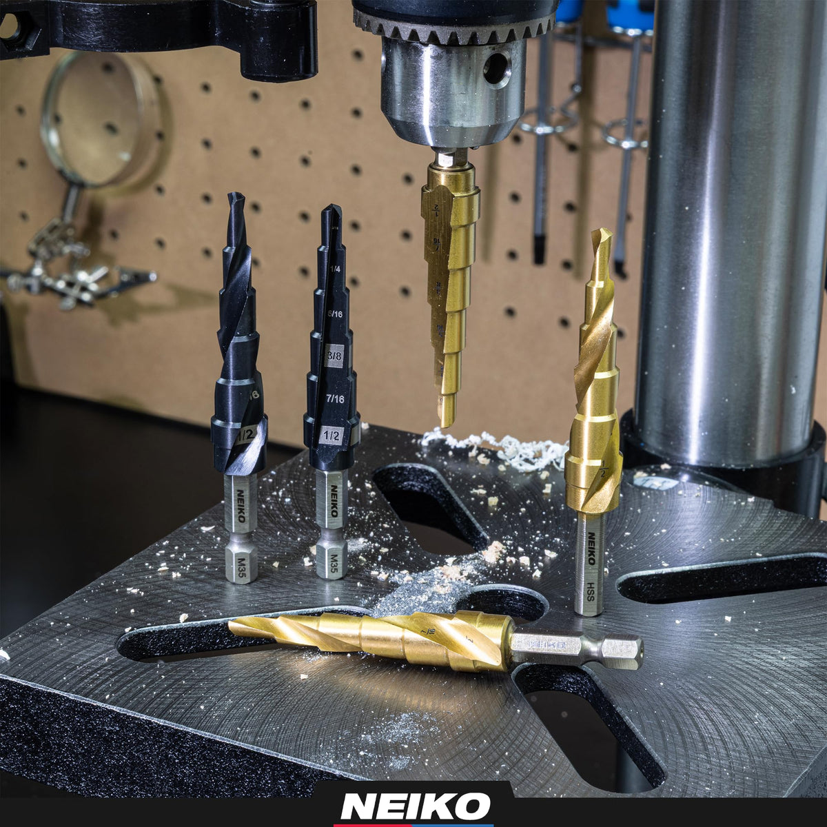 NEIKO 10600A Step Drill Bit, 13 Steps 1/8" to 1/2" Spiral High Speed Steel, Titanium (additional view 6)